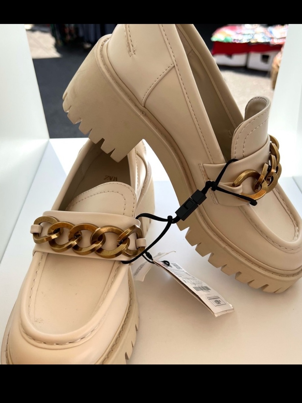 Zara Cream Loafers with Gold Chain Trim
